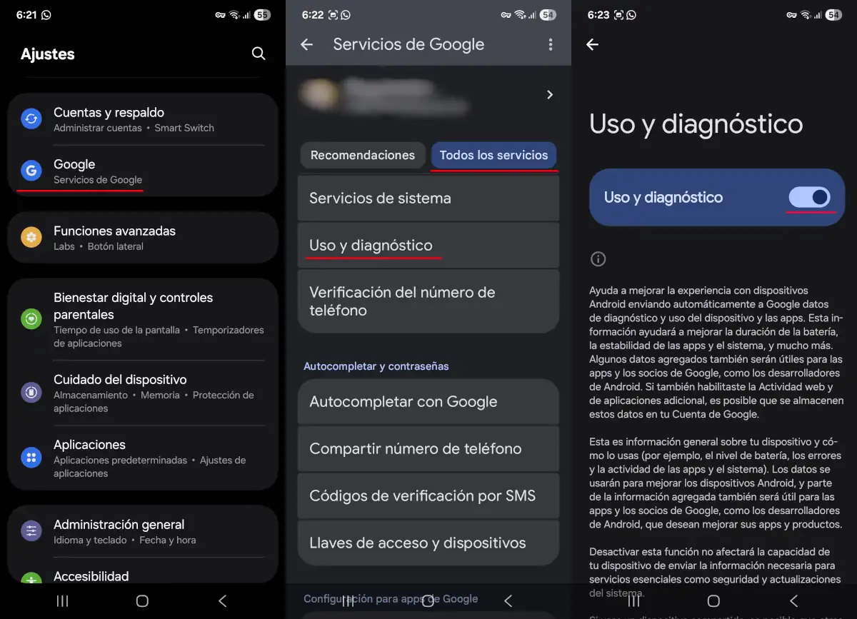 Desactiva los datos de uso y diagnóstico - mejorar el rendimiento de un Android.