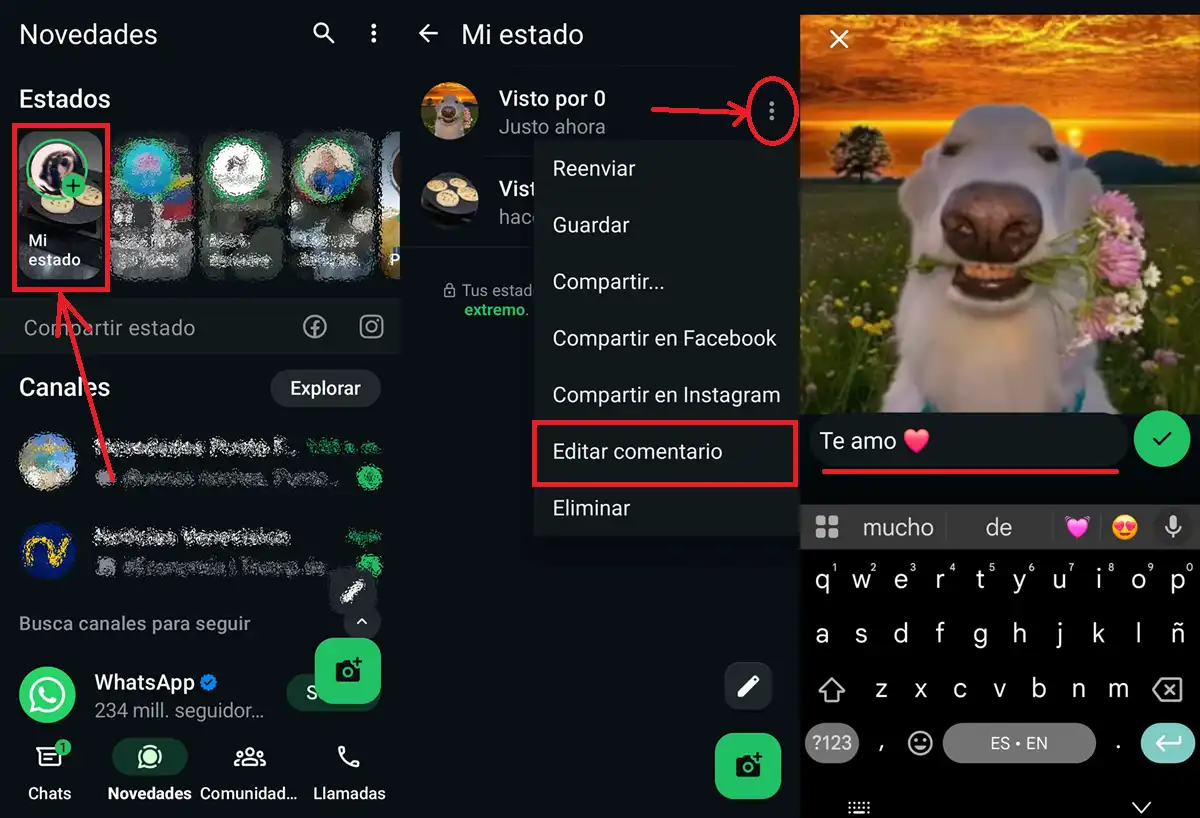Pasos para editar un estado de WhatsApp publicado sin borrarlo.