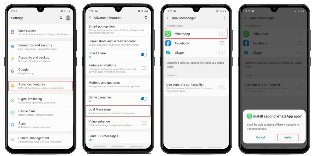 copiar aplicaciones dual messenger en moviles samsung one ui