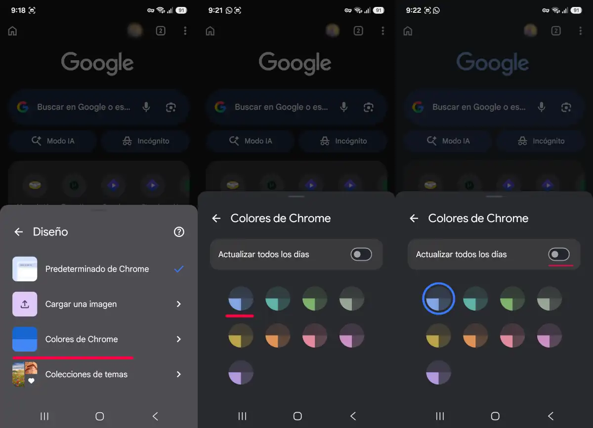 Cambiar el tema de pantalla de inicio de Chrome en Android - parte 2.