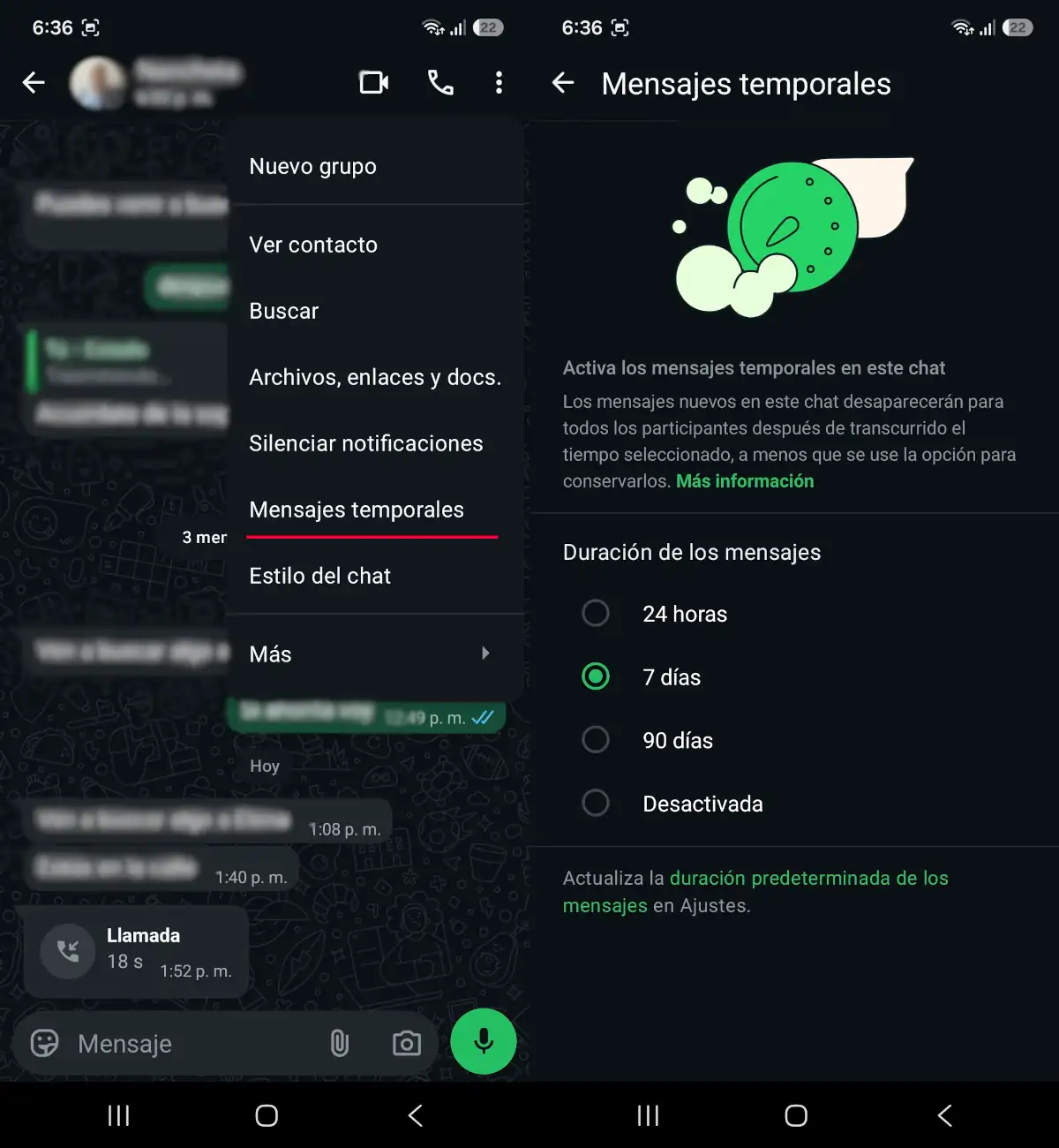 Cambiar la fecha en que desaparecen los mensajes de WhatsApp - parte 2.