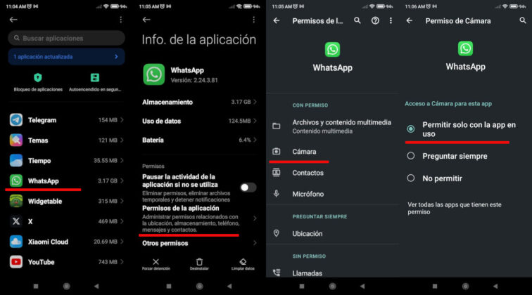 Permisos para usar la cámara de WhatsApp