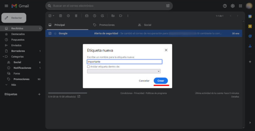 Guarda la etiqueta que has creado - marcar un correo como importante en Gmail