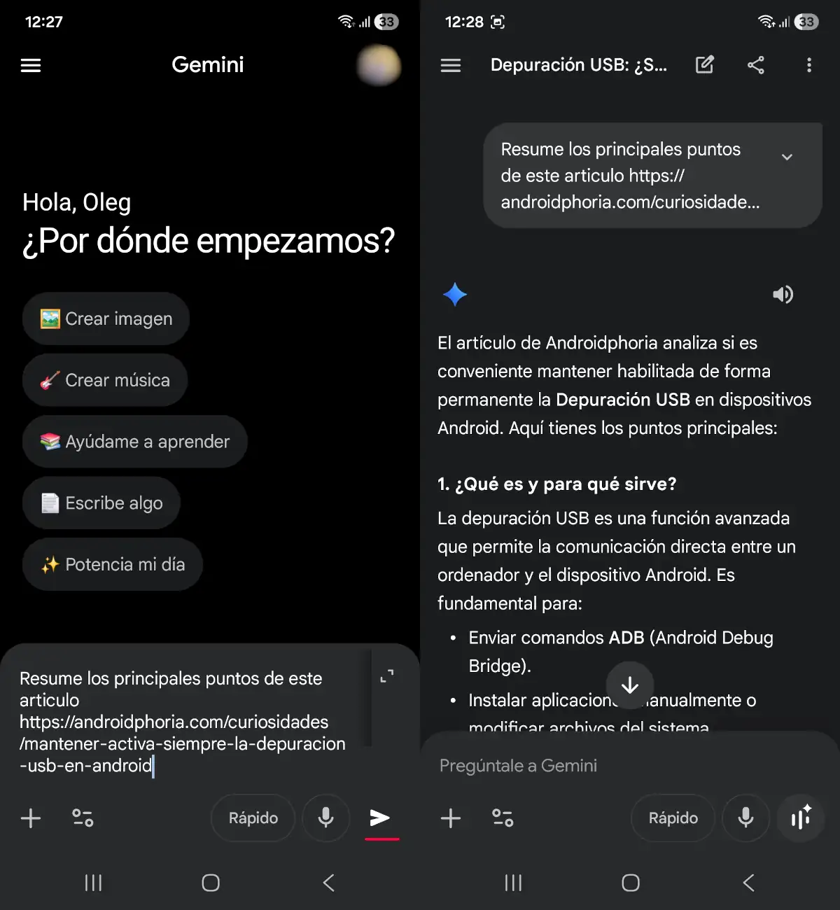 Resume vídeos de YouTube o un artículo - trucos de Gemini para Android