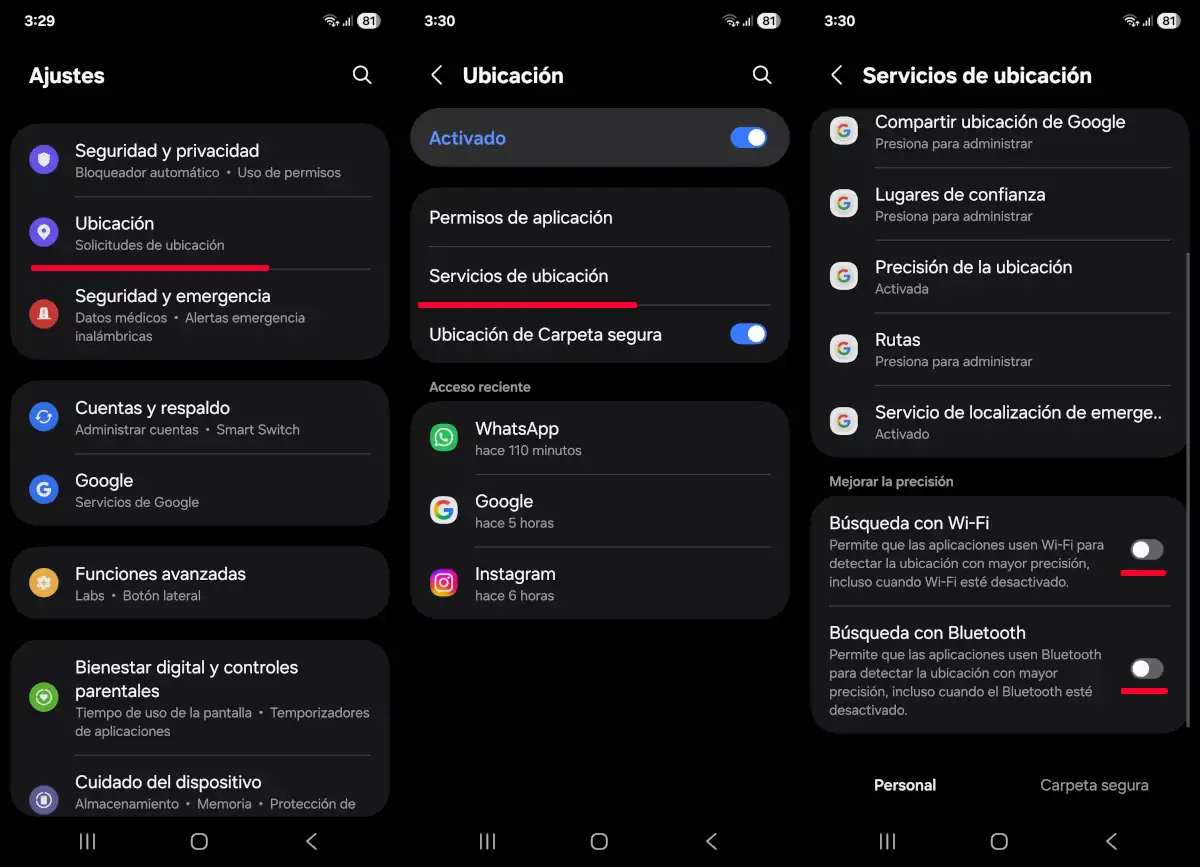 Desactiva la búsqueda de WiFi y de Bluetooth.