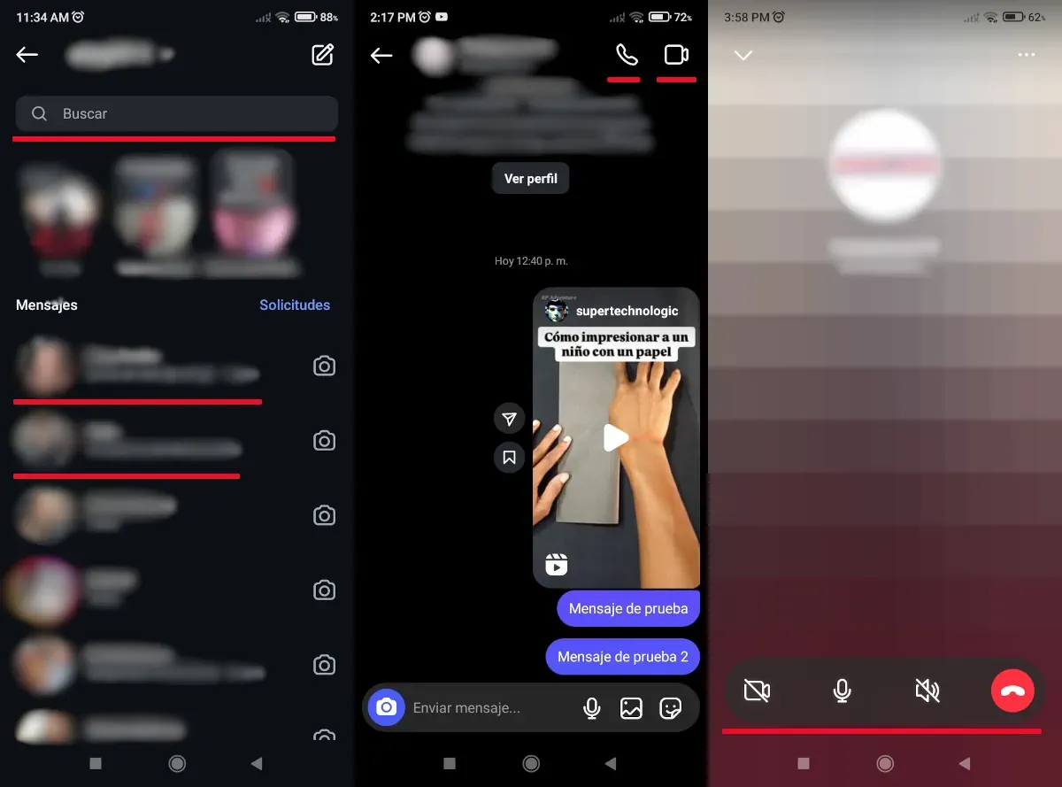 Hacer llamadas o videollamadas en Instagram.