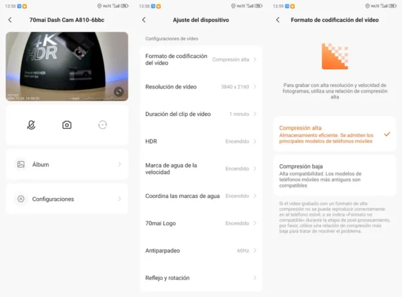 70mai Dash Cam 4K A810 app de la camara con ajustes_1200x889