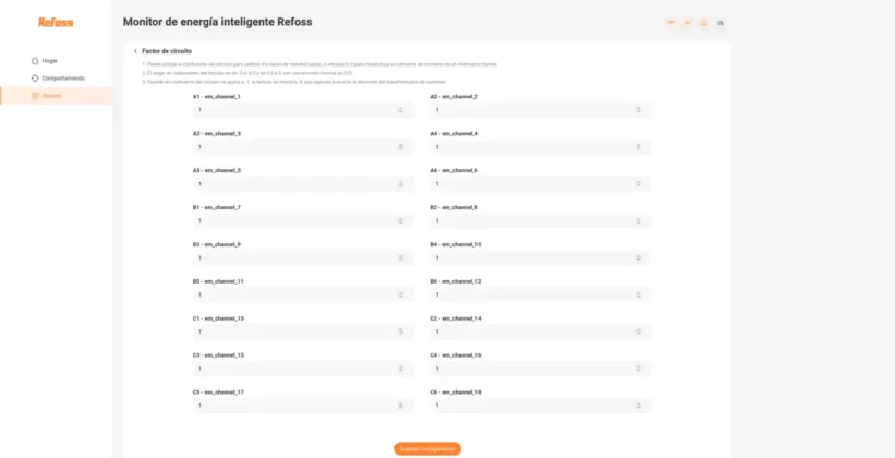 API - ajustes factor de cada canal Refoss EM16P