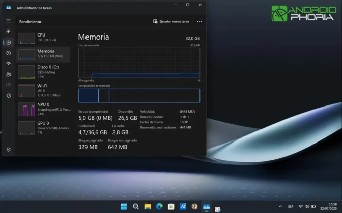 ASUS Zenbook A14 UX3407QA El uso de RAM en su primer arranque