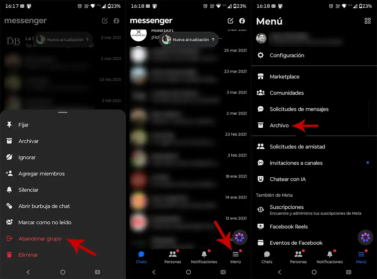 Abandonar grupo de Messenger y entrar en archivo