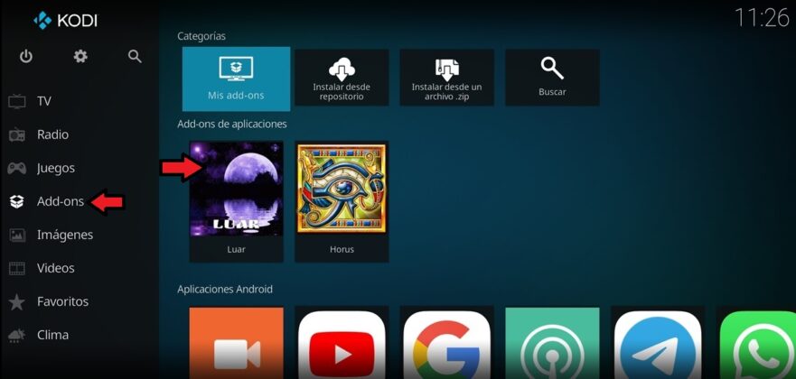 Abre Kodi y busca el add-on Luar