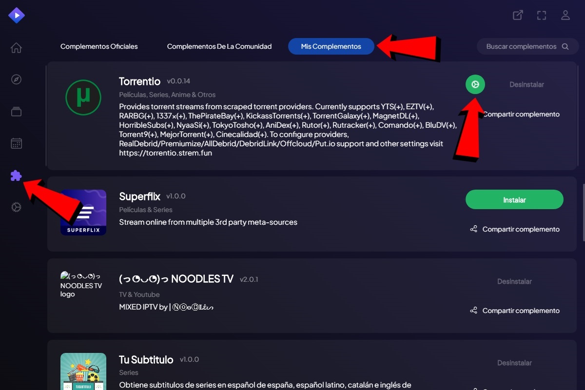 Abre Stremio y ve a la configuración de Torrentio