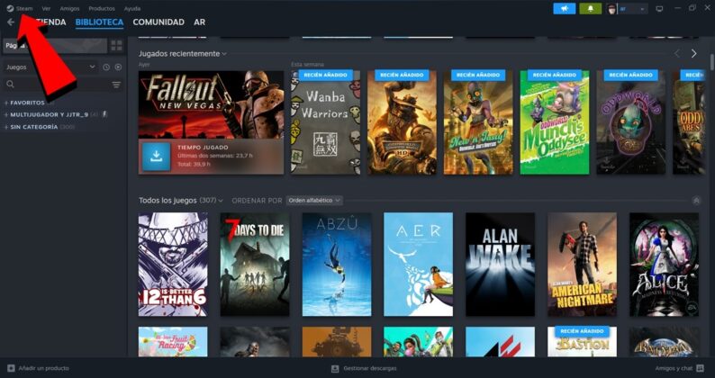 Abre el cliente de Steam y pulsa en el botón Steam de la esquina superior izquieda