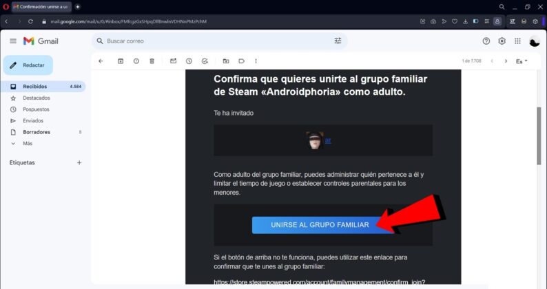 Abre el correo de confirmacion de Steam y haz clic en Unirse al grupo familiar