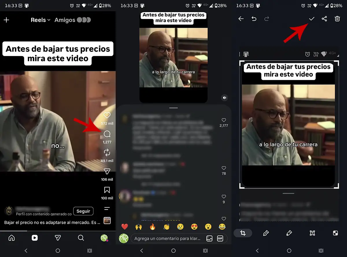 Abrir comentarios del Reel y editar captura de pantalla