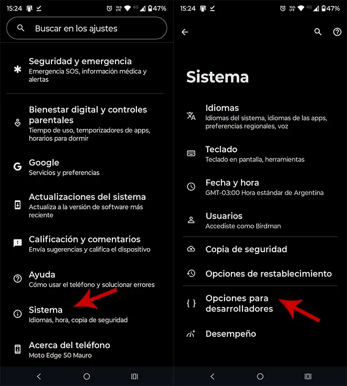 Acceder a las opciones para desarrolladores