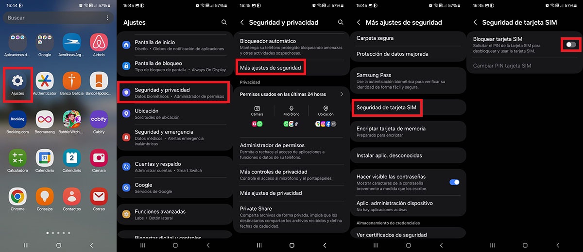 Acceder a los ajustes de la tarjeta SIM en Samsung