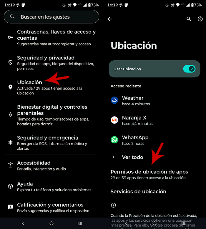 Acceder a los permisos de ubicación de las apps
