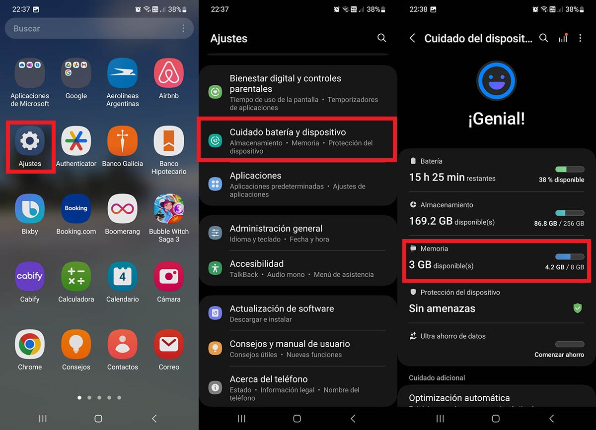 Acceder al cuidado del dispositivo en movil Samsung