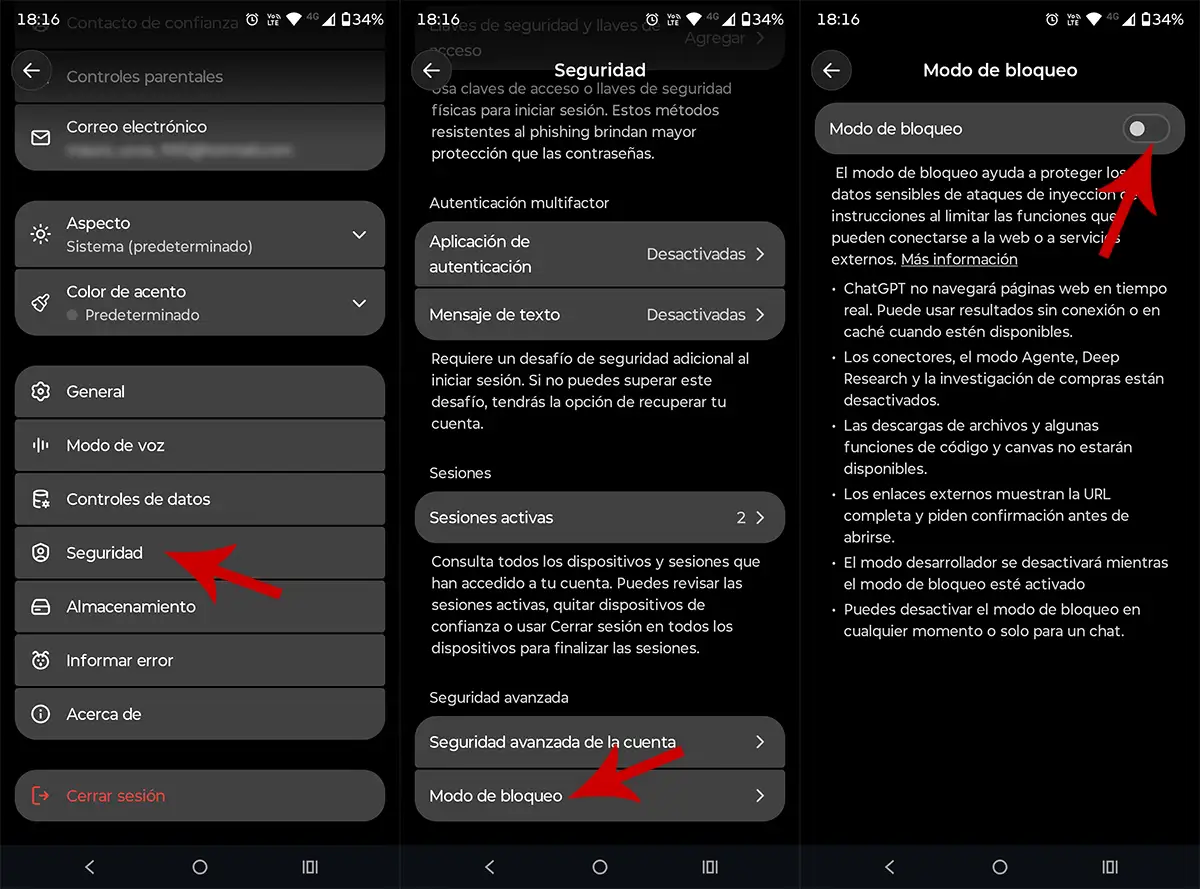 Activar Modo de bloqueo ChatGPT móvil