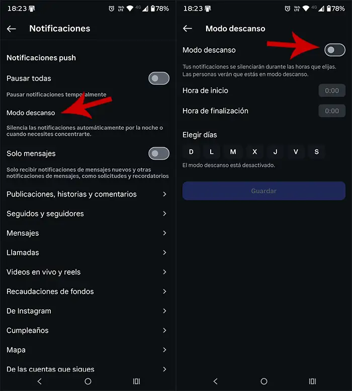 Activar Modo descanso Instagram