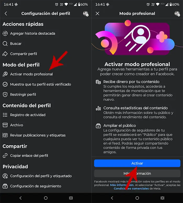 Activar Modo profesional Facebook
