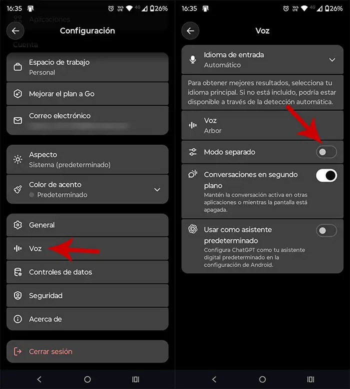 Activar Modo separado de voz ChatGPT