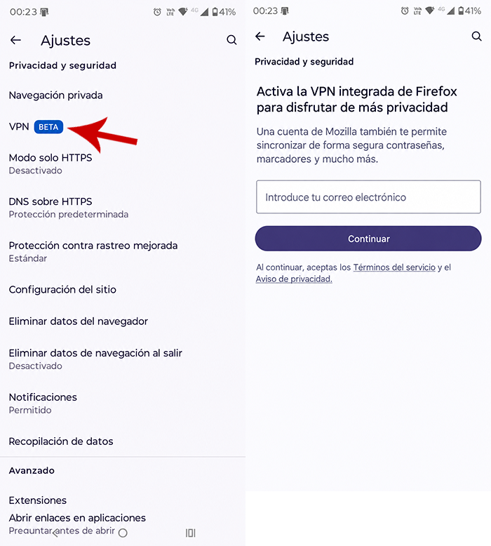 Activar VPN Firefox Android