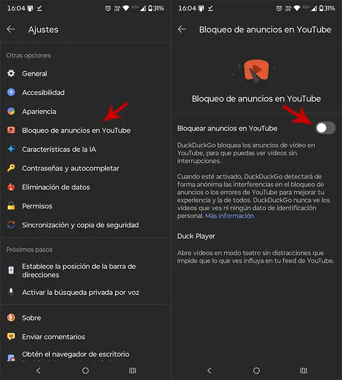 Activar bloqueador de anuncios YouTube DuckDuckGo