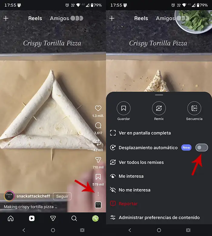 Activar desplazamiento automatico Reels