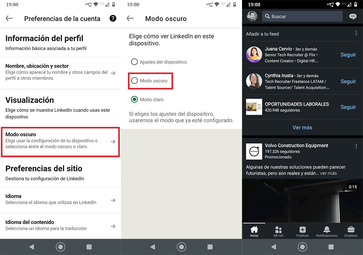 Activar el modo oscuro en LinkedIn movil