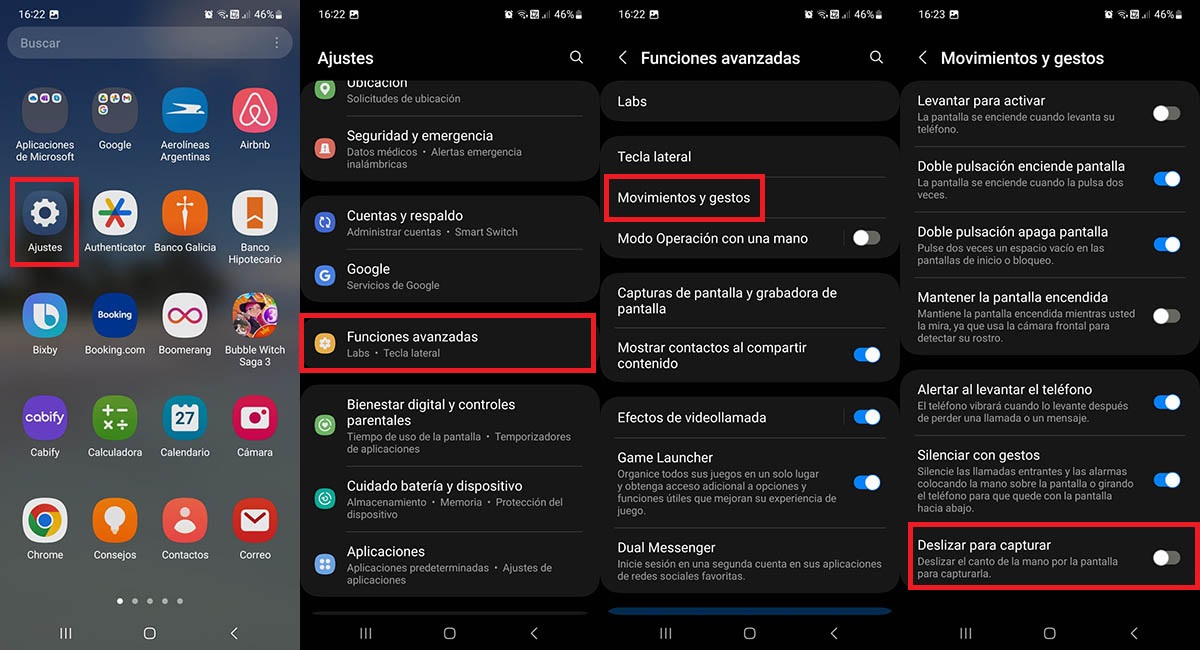 Activar funcion deslizar para capturar en Samsung