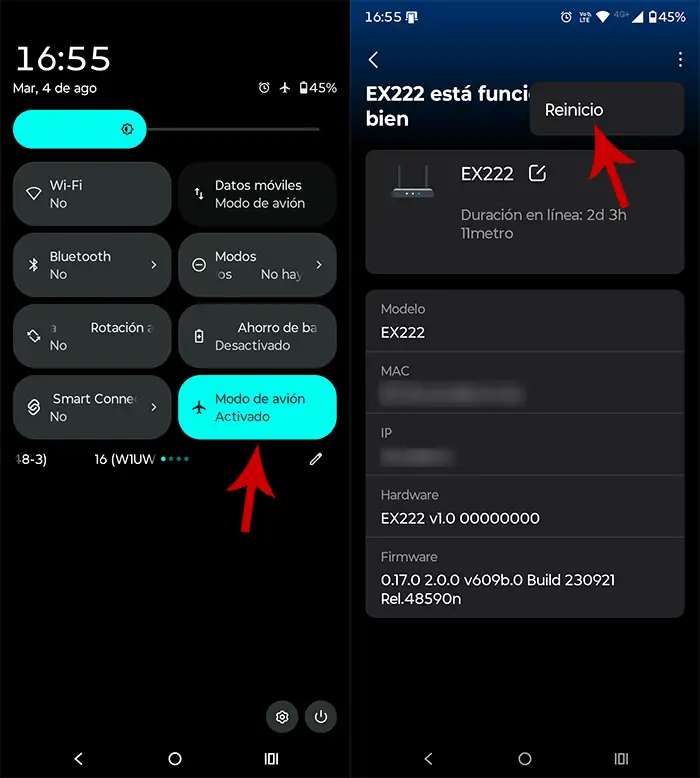 Activar modo avion y reiniciar router