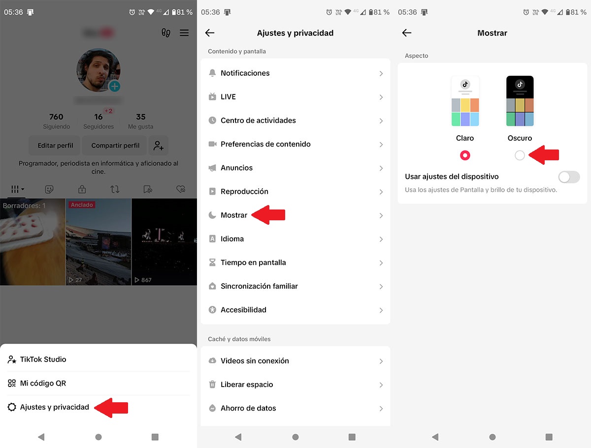 Activar modo oscuro TikTok Android