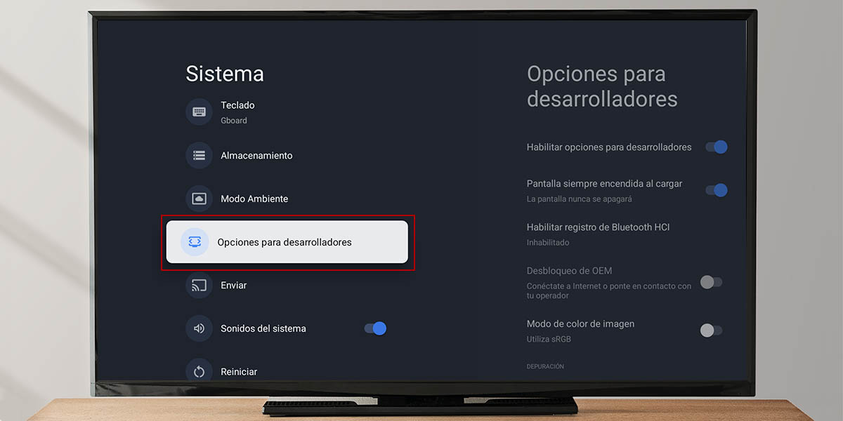 Activar origenes desconocidos Google TV con Android 12 opciones desarrollador 4