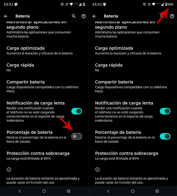 Activar porcentaje batería móvil Android
