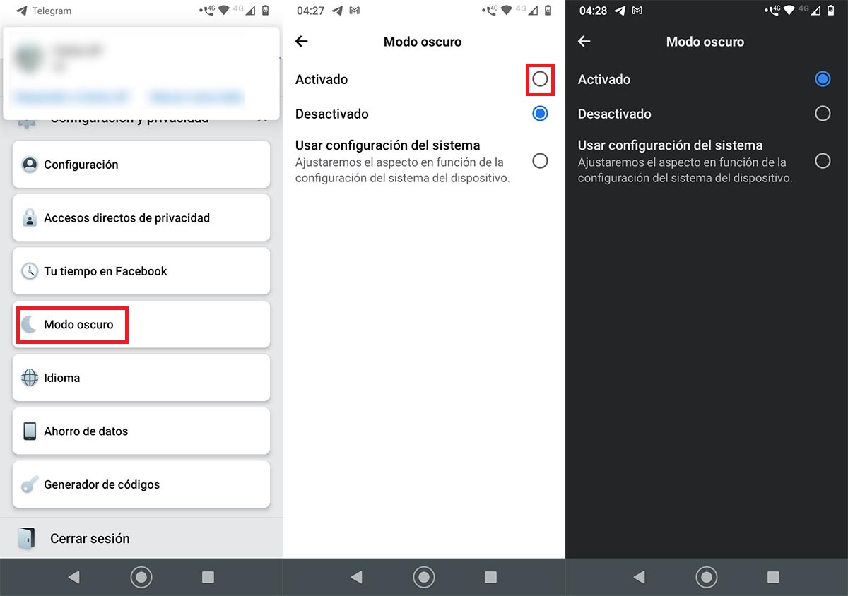Activar tema oscuro Facebook aplicacion Android