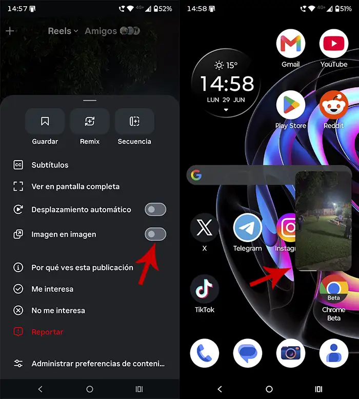 Activar ventana flotante de Reels en Android
