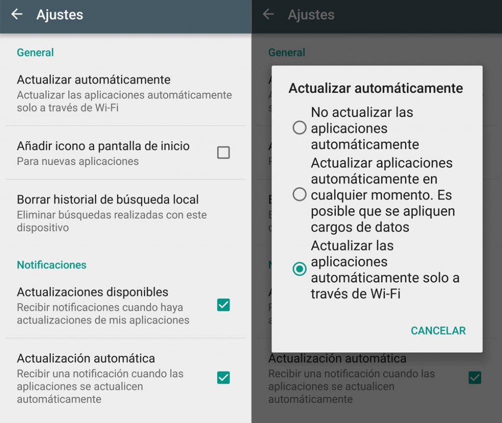 Actualizar aplicaciones por WiFi en Google Play