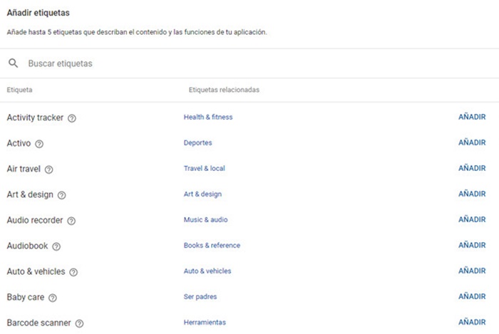 Agregar etiquetas play store