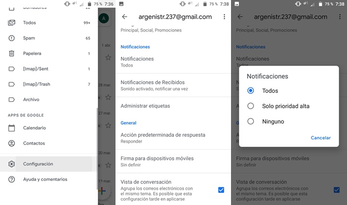 Ajuste notificaciones Gmail Android