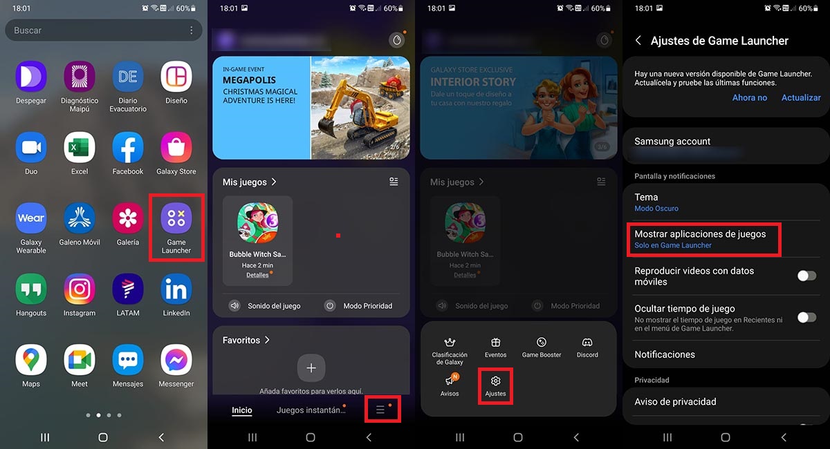 Ajustes Game Launcher Samsung