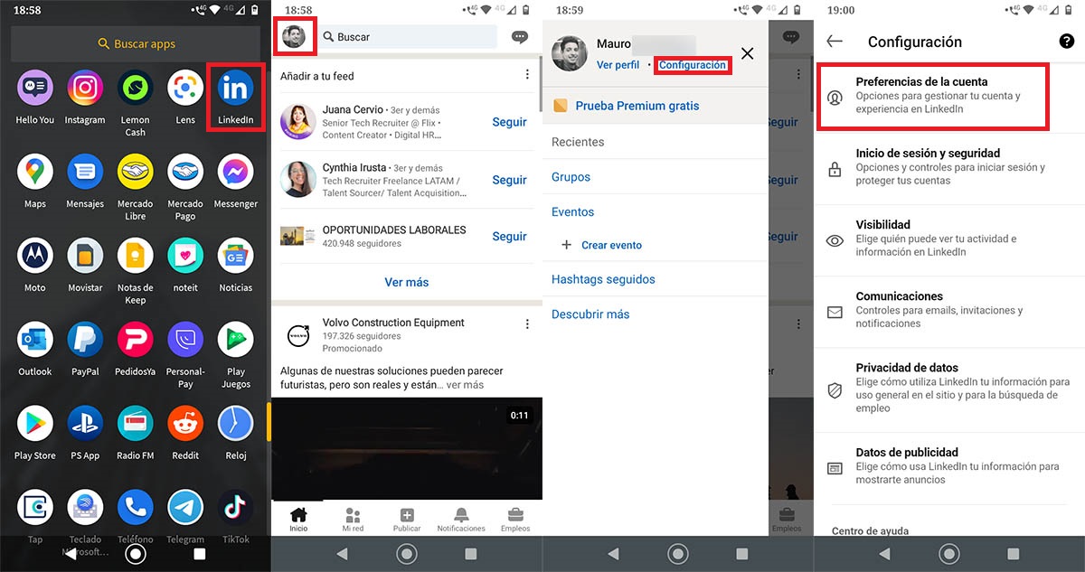 Ajustes LinkedIn app movil