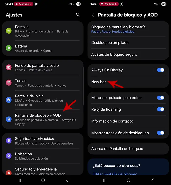 Ajustes de Now Bar Samsung