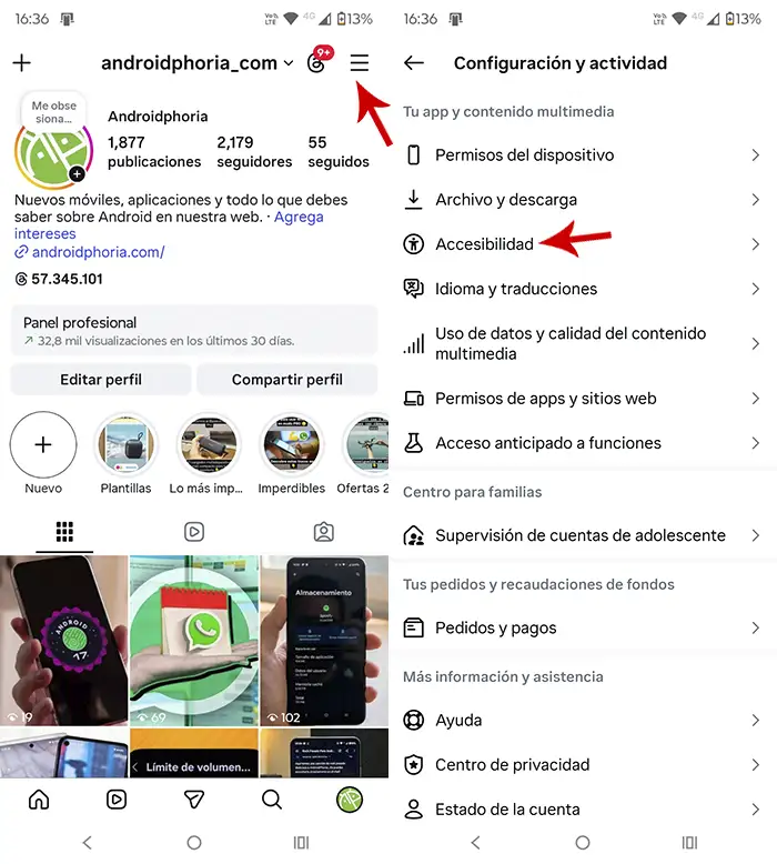 Ajustes de accesibilidad en Instagram