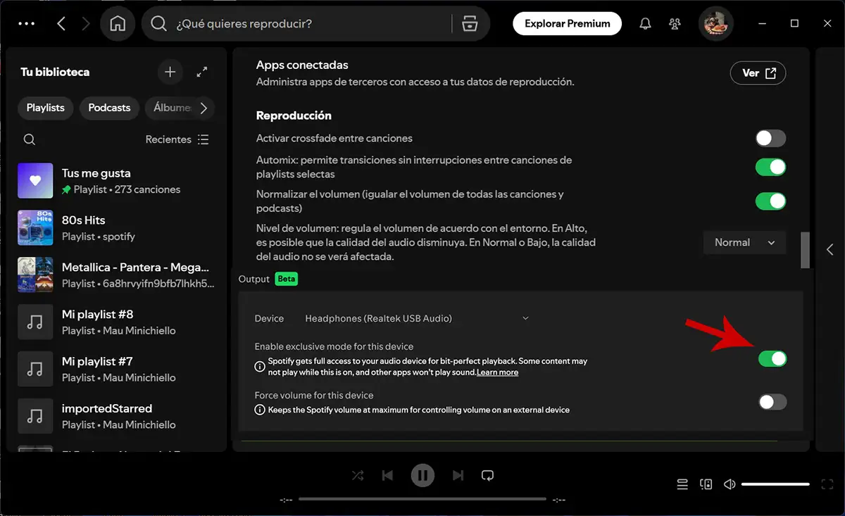 Ajustes de reproducción de Spotify en PC