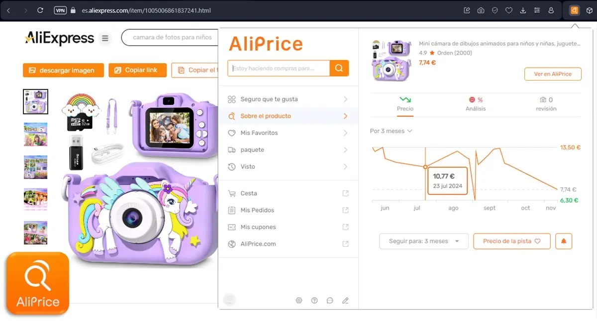 AliPrice web para rastrear el precio de un producto de AliExpress ver el historial de precios