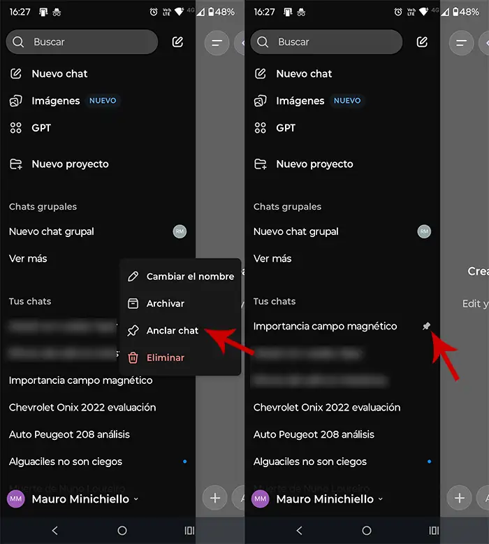 Anclar chat en ChatGPT móvil
