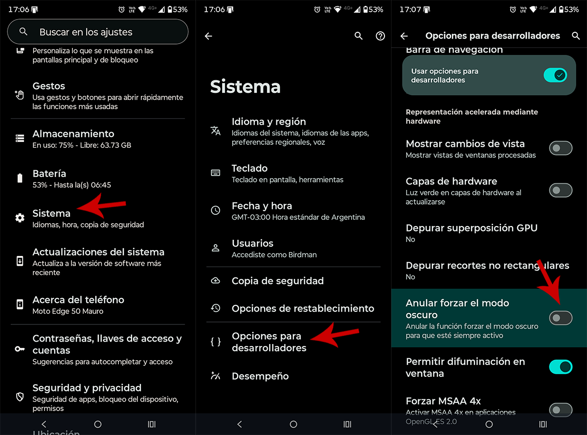 Anular forzar el modo oscuro Android
