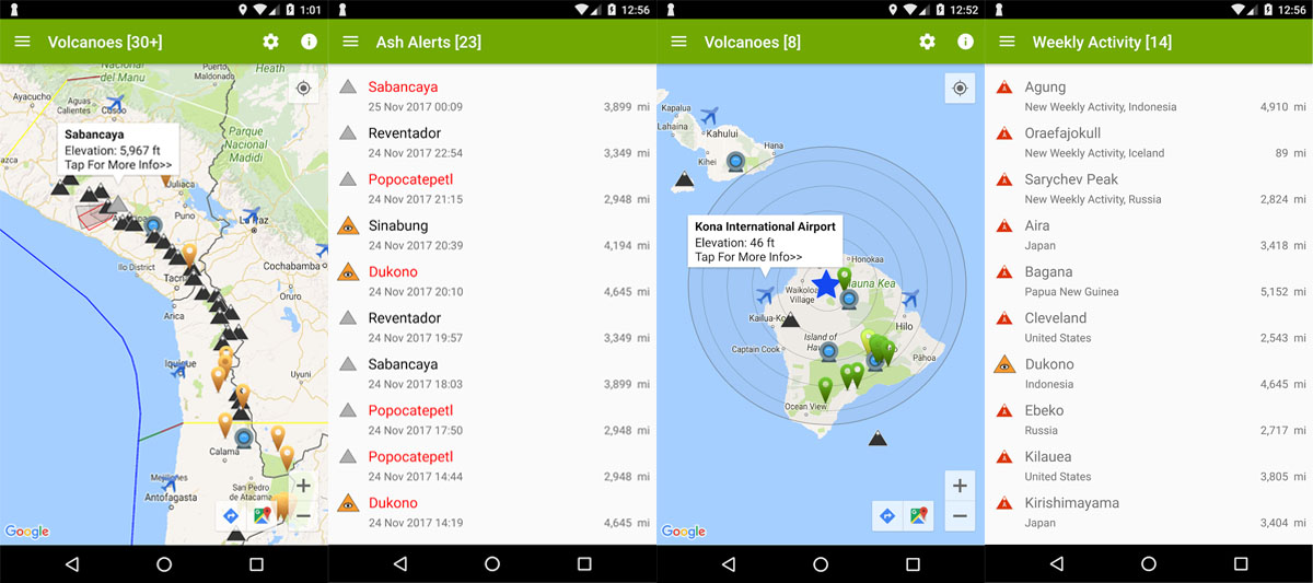 Aplicación de Android de detección de terremotos, volcanes y nubes de ceniza y humo